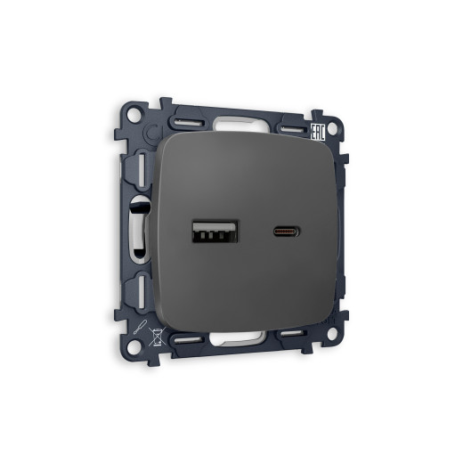 MO911010 Комплект механизма розетки OMEGA Графит мягкое касание 2USB A+C 20W (быстрая зарядка) QUANT (OP9110, VM177)