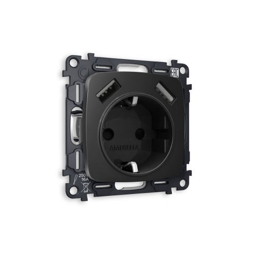 MO809010 Комплект механизма электрической розетки OMEGA Черный матовый 2USB A+A 18W (быстрая зарядка) с/з QUANT (OP8090, VM155)