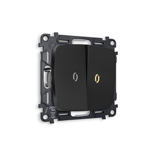 MO804010 Комплект механизма 2-кл выключателя с подсветкой 3200K OMEGA Черный матовый QUANT (OP8040, VM115, G11Y)