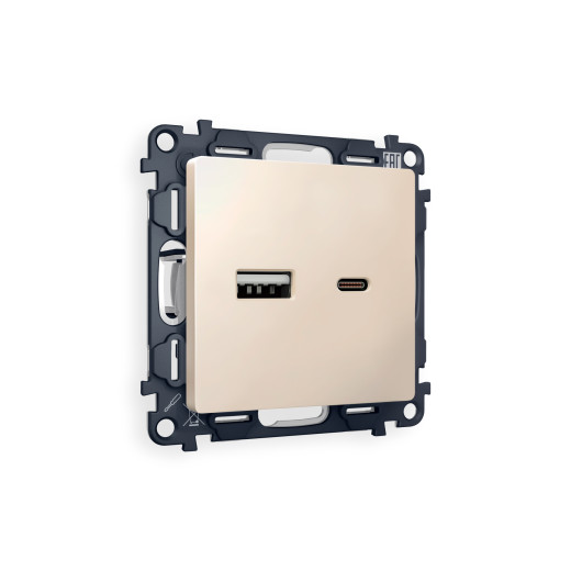MA331010 Комплект механизма розетки ALFA Бежевый матовый 2USB A+C 20W (быстрая зарядка) QUANT (AP3310, VM177)