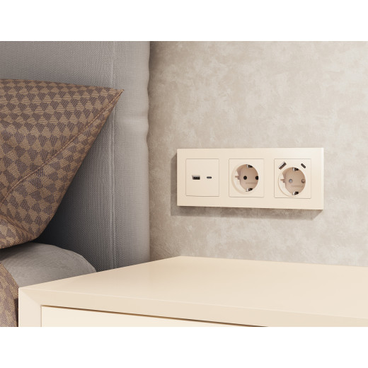 MA331010 Комплект механизма розетки ALFA Бежевый матовый 2USB A+C 20W (быстрая зарядка) QUANT (AP3310, VM177)