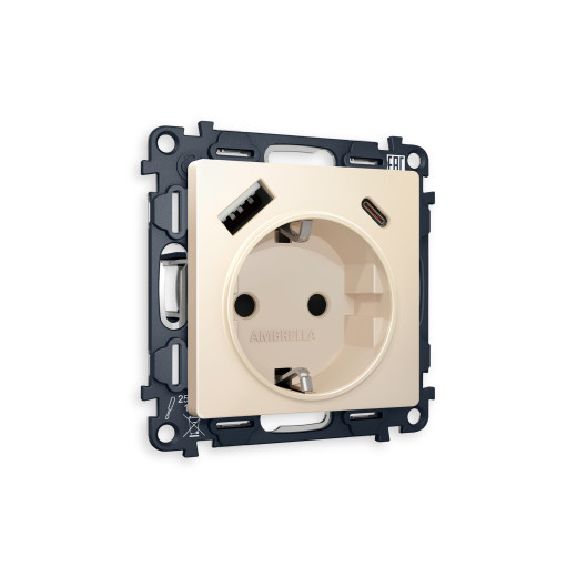 MA330010 Комплект механизма электрической розетки ALFA Бежевый матовый 2USB A+C 20W (быстрая зарядка) с/з QUANT (AP3300, VM160)