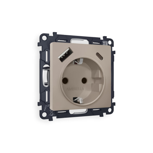 MA370010 Комплект механизма электрической розетки ALFA Серо-бежевый матовый 2USB A+C 20W (быстрая зарядка) с/з QUANT (AP3700, VM160)