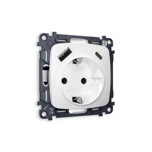 MO130010 Комплект механизма электрической розетки OMEGA Белый матовый 2USB A+C 20W (быстрая зарядка) с/з QUANT (OP1300, VM160)