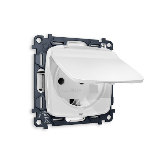 MO128010 Комплект механизма электрической розетки OMEGA Белый матовый с/з с шторками и крышкой QUANT IP44 (OP1280, VM141)