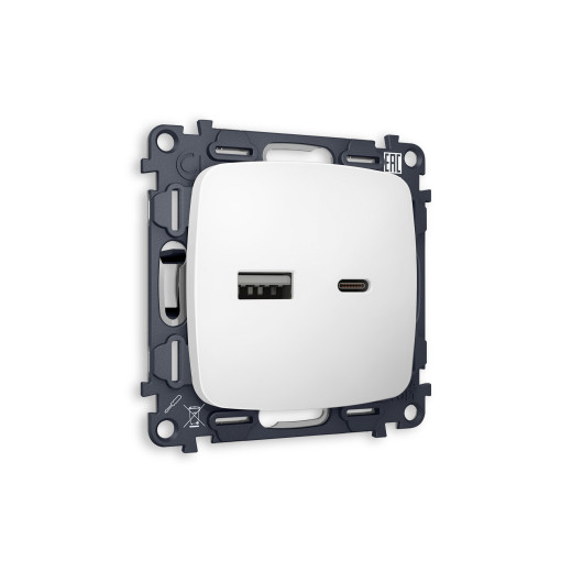 MO131010 Комплект механизма розетки OMEGA Белый матовый 2USB A+C 20W (быстрая зарядка) QUANT (OP1310, VM177)