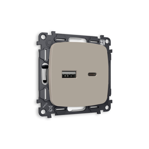MO371010 Комплект механизма розетки OMEGA Серо-бежевый матовый 2USB A+C 20W (быстрая зарядка) QUANT (OP3710, VM177)