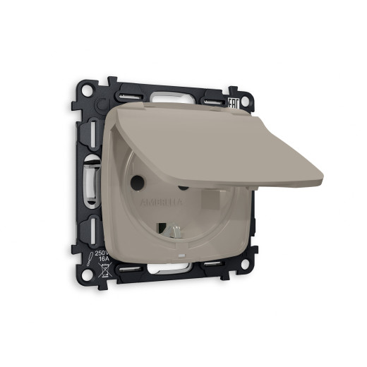 MO368010 Комплект механизма электрической розетки OMEGA Серо-бежевый матовый с/з с шторками и крышкой IP44 QUANT (OP3680, VM141)
