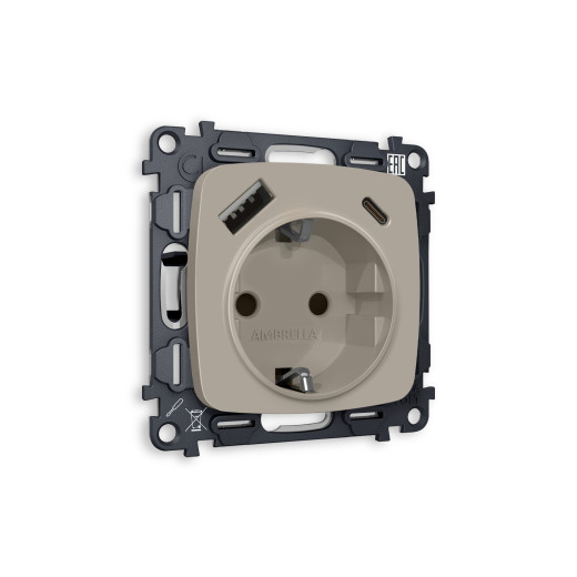 MO370010 Комплект механизма электрической розетки OMEGA Серо-бежевый матовый 2USB A+C 20W (быстрая зарядка) с/з QUANT (OP3700, VM160)