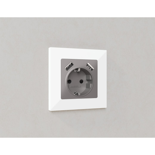 AP5090 Лицевая панель ALFA (Сталь матовый) для электрической розетки с/з со шторками 2USB A+A QUANT