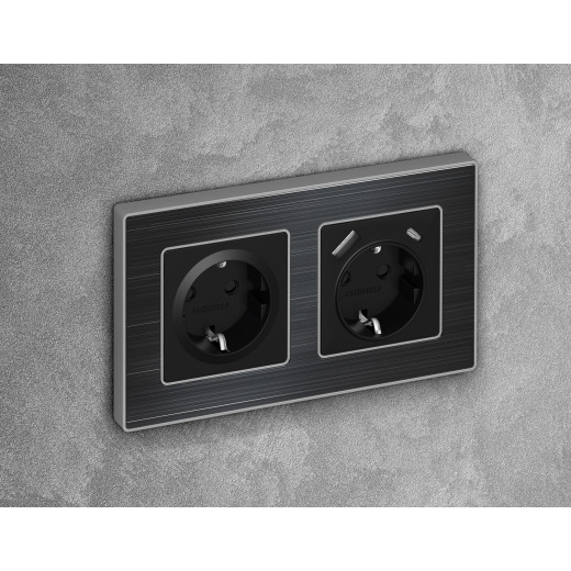 AP8070 Лицевая панель ALFA (Черный матовый) для электрической розетки с/з и шторками QUANT