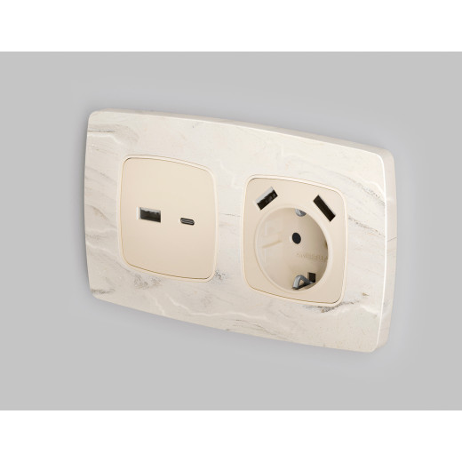 OP3090 Лицевая панель OMEGA (Бежевый глянец) для электрической розетки с/з со шторками 2USB A+A QUANT