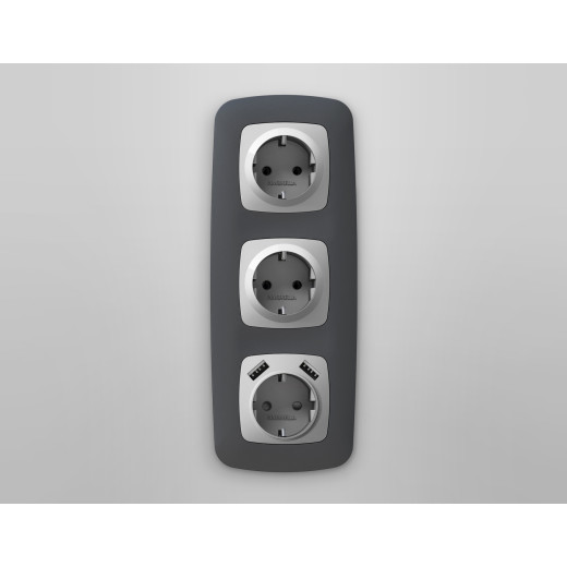 OP4090 Лицевая панель OMEGA (Серебро глянец) для электрической розетки с/з со шторками 2USB A+A QUANT