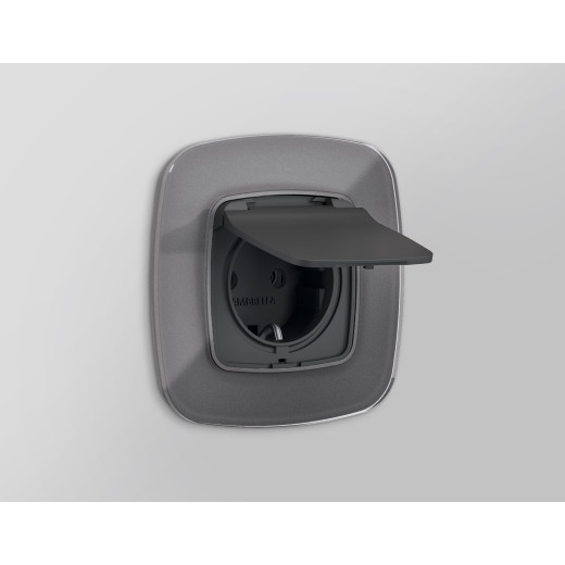 OP9080 Лицевая панель OMEGA (Графит Мягкое касание) для электрической розетки с/з со шторками и крышкой IP44 QUANT