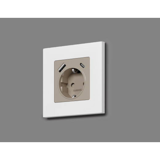 AP3700 Лицевая панель ALFA (Серо-бежевый матовый) для электрической розетки с/з со шторками 2USB A+C QUANT