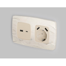 OP3290 Лицевая панель OMEGA (Бежевый матовый) для электрической розетки с/з со шторками 2USB A+A QUANT