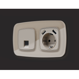 OP3690 Лицевая панель OMEGA (Серо-бежевый матовый) для электрической розетки с/з со шторками 2USB A+A QUANT