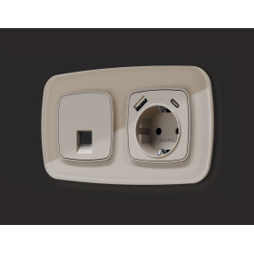 OP3700 Лицевая панель OMEGA (Серо-бежевый матовый) для электрической розетки с/з со шторками 2USB тип A+C QUANT