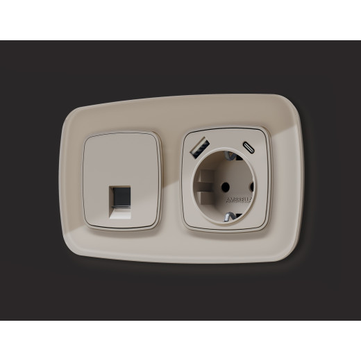 OP3700 Лицевая панель OMEGA (Серо-бежевый матовый) для электрической розетки с/з со шторками 2USB тип A+C QUANT