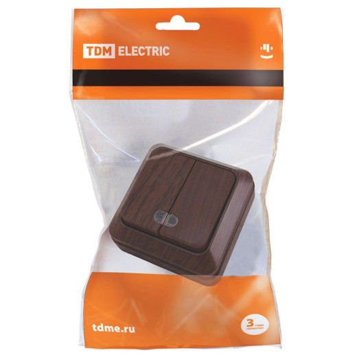 TDM Выключатель 2-кл. открытой установки с подсветкой IP20 10А, бук 