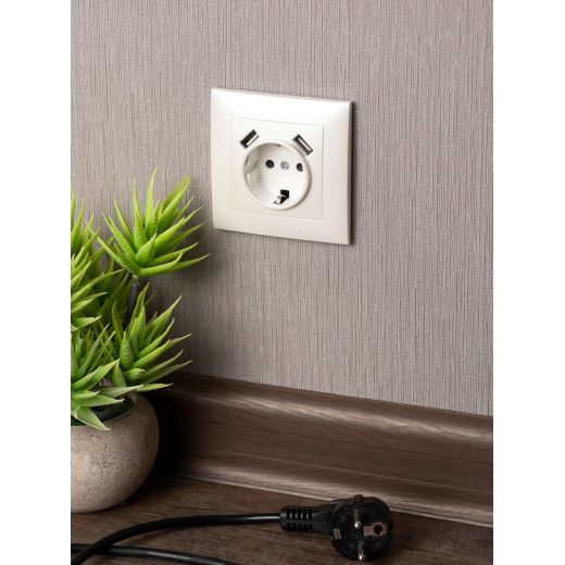 EKF PROxima Валенсия лицевая панель розетки 1-местной с/з 16А жемчуг с защ. штор. с 2 USB 2,1А