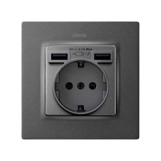 Simon S82 Графит Накладка для розетки Schuko с зарядным устройством 2хUSB