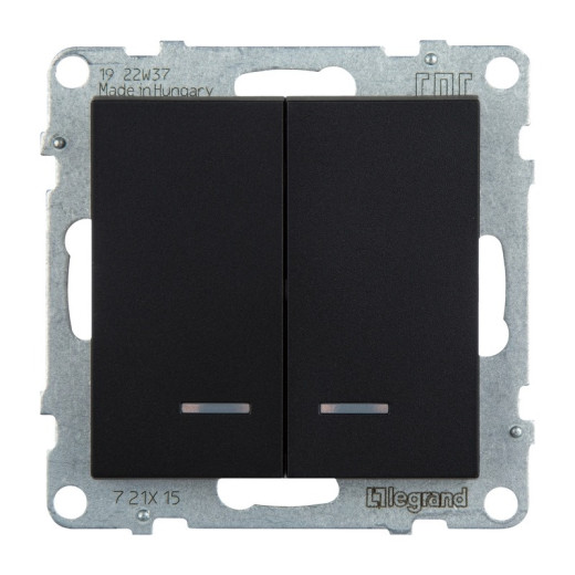 Legrand/Daccord SUNO Антрацит Выключатель двухклавишный 10АХ 250В с подсветкой/индикацией. Безвинтовые зажимы.