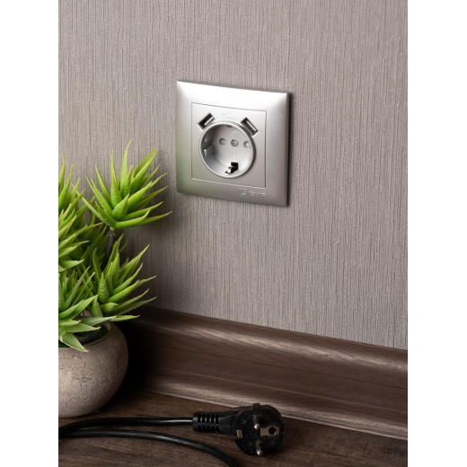 EKF PROxima Валенсия лицевая панель розетки 1-местной с/з 16А сталь с защ. штор. с 2 USB 2,1А