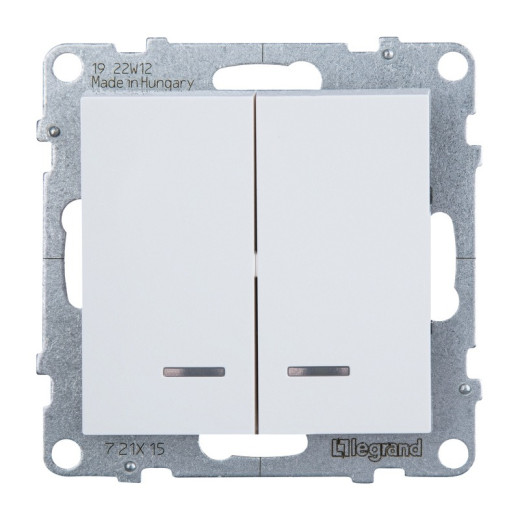 Legrand/Daccord SUNO Белый Выключатель двухклавишный 10АХ 250В с подсветкой/индикацией. Безвинтовые зажимы.