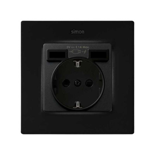 Simon S82 Concept Черный матовый Накладка для розетки Schuko с зарядным устройством 2хUSB