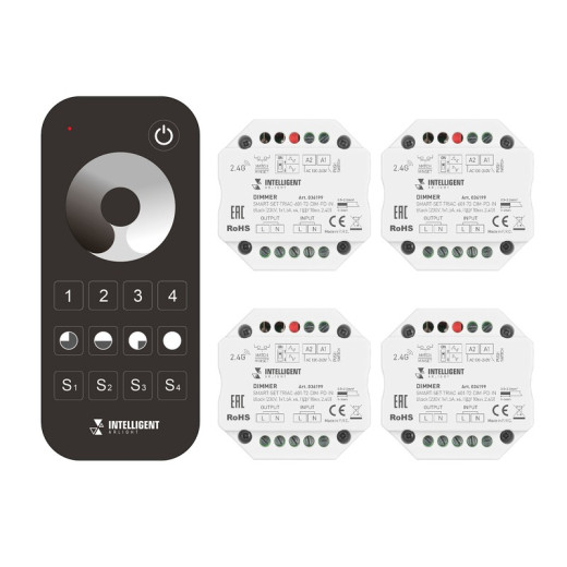 Arlight INTELLIGENT ARLIGHT Диммер SMART-SET-TRIAC-601-72-DIM-PD-IN Black (230V, 1x1.5A, x4, ПДУ 10кн, 2.4G) (IARL, IP20 Пластик, 5 лет)