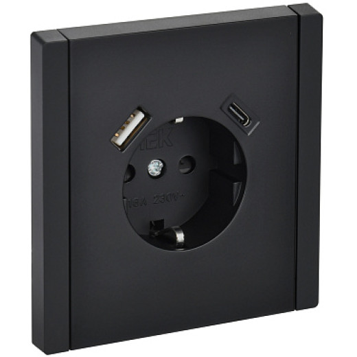 IEK FORTE&PIANO Черный Розетка с/з со шт винтовое крепление 16А USB A+C 18Вт FP147