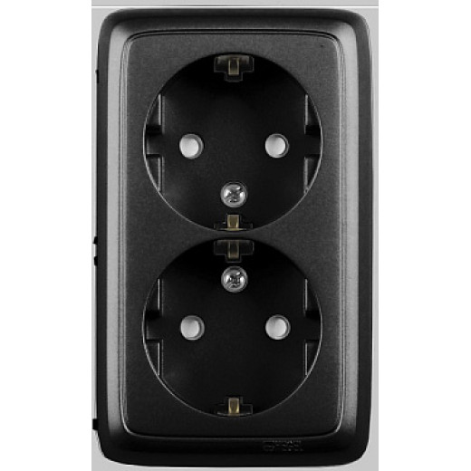 HEGEL Черный РА16-154-08 Розетка открытой установки, двухместная, с заземляющим контактом, со шторками, с изолирующей пластиной