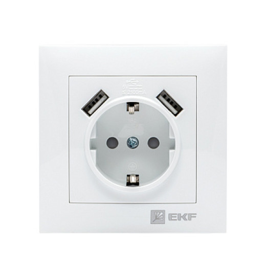 EKF PROxima Валенсия розетка 1-местная с/з 16А белая с защ. штор. с 2 USB 2,1А