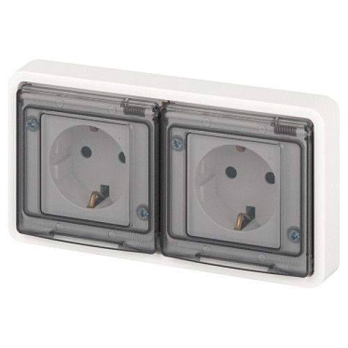 Розетка ЭРА Эксперт 11-2523-01 двойная с заземлением с крышкой 2х2P+E горизонт. IP55 16A-250В СУ белый
