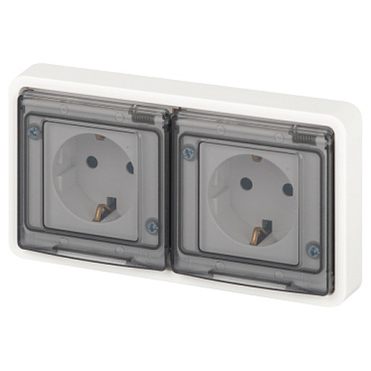Розетка ЭРА Эксперт 11-2523-01 двойная с заземлением с крышкой 2х2P+E горизонт. IP55 16A-250В СУ белый