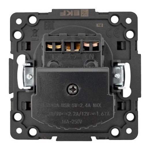 EKF Стокгольм Механизм Розетки 1-местной с/з, USB 2A 16А винтовые клеммы черный с защ. штор.