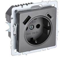 IEK BRITE BASE Сталь Розетка с з/к/ш 16А с USB A+C 18Вт РЮш11-1-БрС