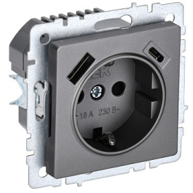 IEK BRITE BASE Сталь Розетка с з/к/ш 16А с USB A+C 18Вт РЮш11-1-БрС