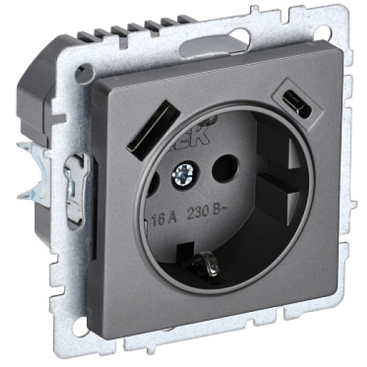 IEK BRITE BASE Сталь Розетка с з/к/ш 16А с USB A+C 18Вт РЮш11-1-БрС