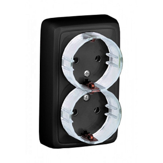 HEGEL Черный РА16-184-08 Розетка открытой установки, двухместная, с заземляющим контактом, со шторками, с изолирующей пластиной