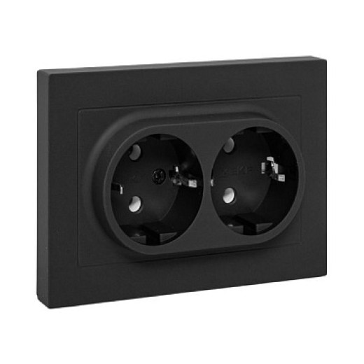 EKF Эпика Механизм розетки двойной, 16А, с заземлением, без шторок, с рамкой, чёрный