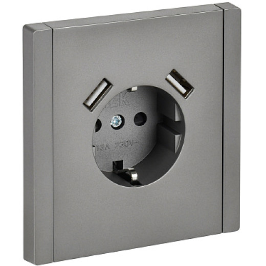 IEK FORTE&PIANO Сталь Розетка с/з со шт винтовое крепление 16А USB A+A 3,1А FP545
