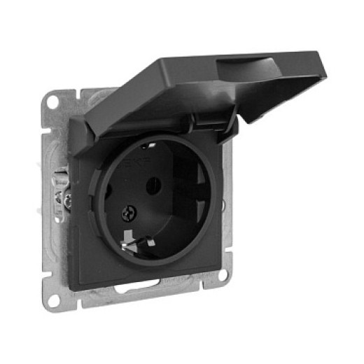 EKF Эпика Механизм розетки, 16А, IP44, с заземлением, со шторками, c крышкой, чёрный