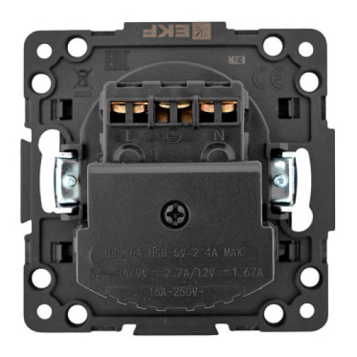 EKF Стокгольм Механизм Розетки 1-местной с/з, USB A+C 16А винтовые клеммы черный с защ. штор.