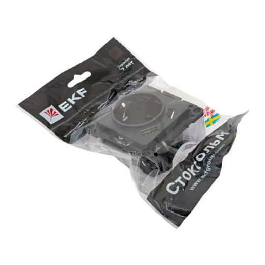 EKF Стокгольм Механизм Розетки 1-местной с/з, USB 2A 16А винтовые клеммы черный с защ. штор.