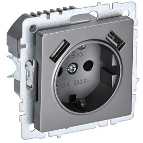 IEK BRITE BASE Сталь Розетка с з/к/ш 16А с USB A+A 2,1А РЮш10-1-БрС