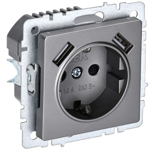 IEK BRITE BASE Сталь Розетка с з/к/ш 16А с USB A+A 2,1А РЮш10-1-БрС