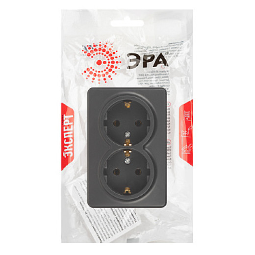 Розетка ЭРА Эксперт 11-2205-05 двойная с заземлением 2х2P+E Schuko IP20 16A-250В ОУ антрацит