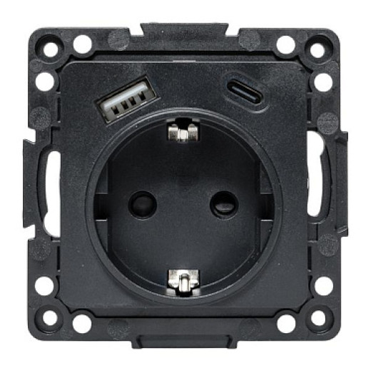 EKF Стокгольм Механизм Розетки 1-местной с/з, USB A+C 16А винтовые клеммы черный с защ. штор.